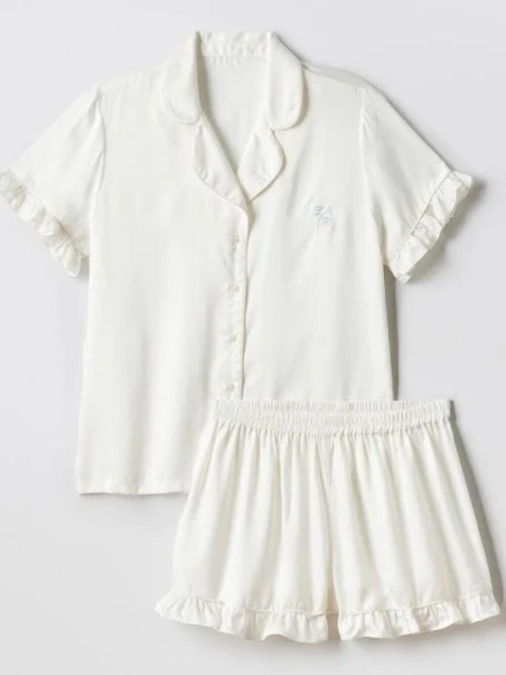 Mark and Graham Ruffle Sateen Short Pajamas, Small, Ivory